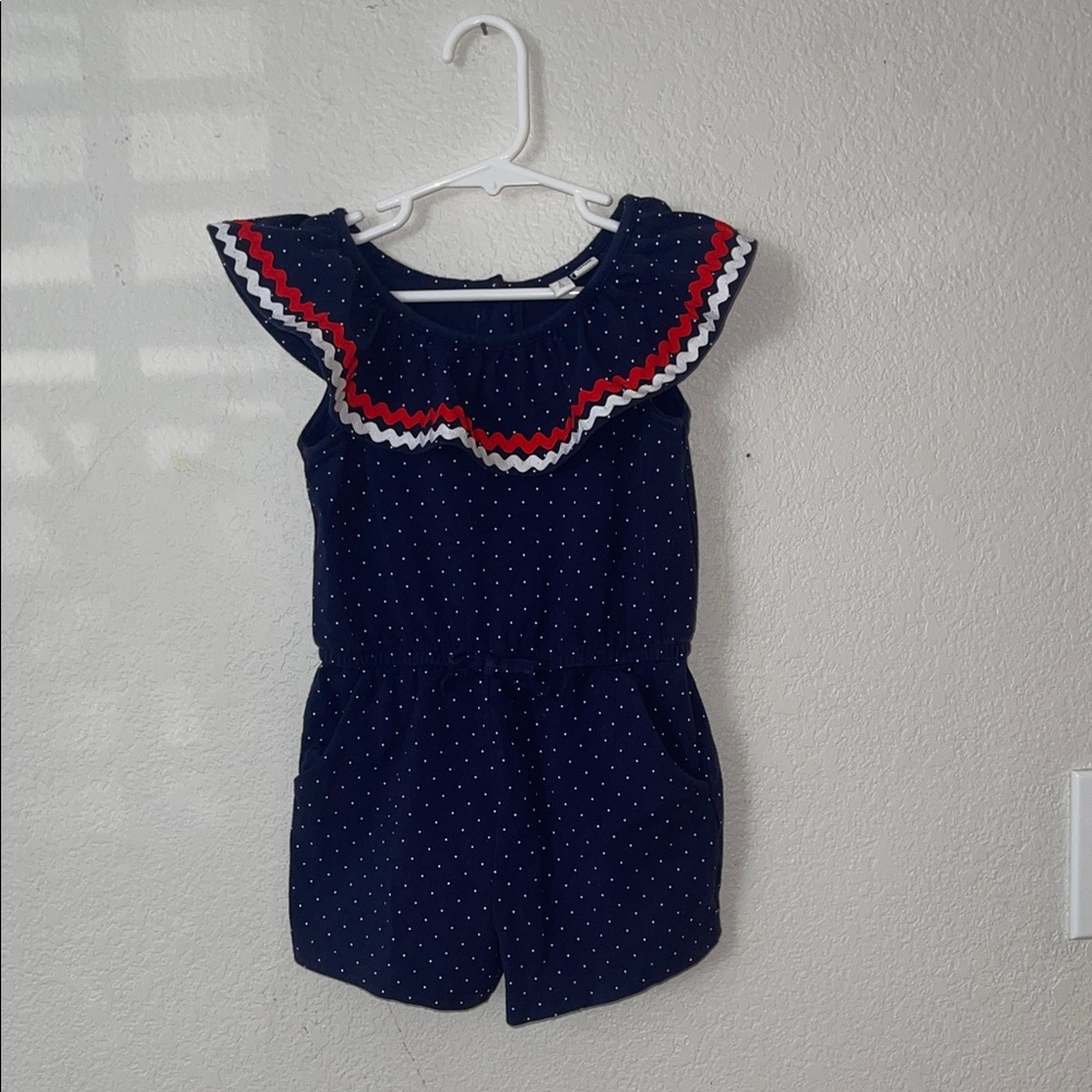 Janie and Jack Navy Polka Dot Ruffle Romper with Red & White Trim